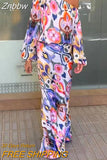 Znbbw Pattern Print Women Suit Casual Diagonal Neck Long Sleeve Top And High Waist Skirt Suit Ladies Fashion Slim 2 Piece Sets