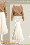 Znbbw Women's Knitted Sweater Skirt Two Piece Set Women Slim Elegant Tops Female Sweater Dress Suits Lady Knitting Outfit