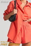 Znbbw Women's Suit Shirt With Mini Shorts 2023 Summer Casual Loose Long Sleeve Shirt Blouses Two Piece Sets Tracksuits Outifits