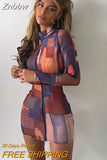 Znbbw Dye Print Long Sleeve Mini Dress High Neck Bodycon Sexy Streetwear Party Club Women 2023 Summer Clothes Slim Fashion