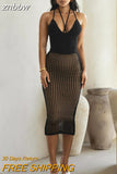 znbbw Sexy Halter Mesh Backless Camisole 2 Two Piece Skirt Set Club For Women 2023 Summer White Kint See Through Bodycon set