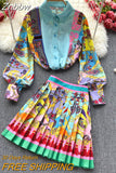 Znbbw Women Fashion Luxury Print Shirt Top + Pleated Mini Skirt New 2023 Spring Autumn Vintage Long Sleeve Buttons Party 2 Piece Sets