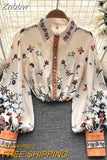 Znbbw Korean version niche loose design ethnic style printed long-sleeved sunscreen puff-sleeve shirt tops female D0874