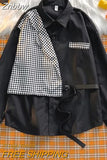 Znbbw Long Sleeve Shirt Women British BF Top Streetwear Fake Two Piece Blouse Houndstooth Unisex Spring Summer Preppy Shirts