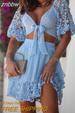 znbbw Chic Office Skirt Set Outfits Lady Hollow Out Embroidery Floral Two-Piece Set Women Sexy Tie-Up Blouse Ruffle Skirts Suit