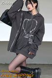 Znbbw Gothic Punk Streetwear Heart Letter Print Oversized Hooded Sweatshirt Women Grunge Zipper Hoodie Female Long Sleeve Top