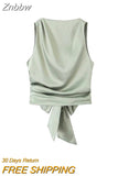 Znbbw TRAF Women Fashion With Tied Satin Back Open Crop Blouses Vintage O Neck Sleeveless Female Shirts Blusas Chic Tops