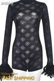 znbbw Fall Sexy Solid Mesh Sheer Feather Bodycon Romper Fall Outfit For Women 2023 Long Sleeve O Neck One Pieces Female Romper