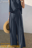 Znbbw Summer Cotton Women's Pajamas Set Sleeveless O-Neck Tank Top Wide Leg Pants Two Piece Sets Women Home Suit Oversize Outfits