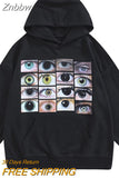 Znbbw Women hip hop streetwear hooded sweatshirt with eyes print Y2K harajuku pullover autumn cotton casual hooded black sweat shirt