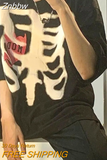 Znbbw Women T shirts Korean Skull Print Y2K Black Oversized Tee Shirt Tops Harajuku Grunge Vintage Aesthetic Goth Graphic Punk Clothes