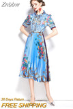 Znbbw Summer Runway Designer Bow Neck Pleated Dress Women Lace Patchwork Floral Print Elegant Holiday Midi Dress Vestidos