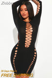 Znbbw Women Sexy Long Sleeve Club Bodycon Hollow Out Black Short Mini Dress 2023 Fall Clothing Wholesale Items For Business