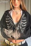Znbbw Up Gothic Red Hoodie Y2k Autumn Women's Rhinestone Skull Casual Oversized Sweatshirt Punk E-girl Harajuku Long Sleeve Jacket