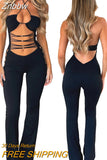 Znbbw Long Sleeve Front Cross Skinny Solid Stretchy Bodycon Jumpsuits Autumn Winter Women Fashion Streetwear Outfits