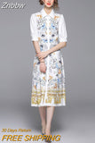 Znbbw Runway Vintage Floral Print Midi Dress Women's Clothes Summer Shirt Collar Short Sleeve Single Breasted Party Vestidos