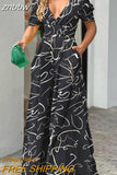 znbbw Vintage Ladies High Waist Jumpsuits Spring Summer Fashion New Print V-Neck Jumpsuit Women Elegant Commute Wide-Leg Romper