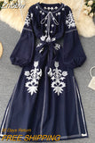 Znbbw New Spring Autumn Women's Embroidered Dress V-neck Tie Split Retro Indie Folk Style Holiday Beach Long Dress Women GD679