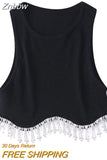 Znbbw Street Sexy Hem Tassel Diamond Beading Knitting T Shirt Chic Short Camis Tank Lady Slim Crop Vest Tops