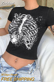 Znbbw Sexy Punk Vintage Goth Black T Shirt Summer Clothes For Women Fashion Rhinestone Crop Top O-neck Short Sleeve Tee Streetwear