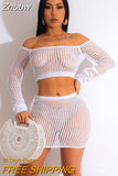 Znbbw Knitted Hollow-out Two-piece Set Sexy Women Long Sleeve Crop Top Slim Mini Skirt Outfit Summer Beach Holiday Sunscreen Suit