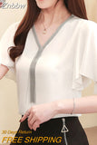 Znbbw Blouses Femme Summer Tops Women Blouse Women Blusas Mujer De Moda 2023 Verano Tassel V-Neck Chiffon Blouse Shirt E767