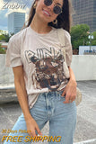 Znbbw Graphic T-Shirts for Women Casual Letter Print Vintage Tee Shirt Female Fashion Tees Tops Shirts 2023 Summer Clothes