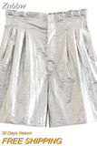 Znbbw TRAF Summer Women Silver Shorts High Waist Shorts Women Wide Leg Shorts Female Vintage Loose Shorts Women