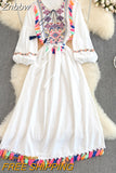 Znbbw Ethnic Style New Embroidery Tassel Lace Cotton and Linen Vestidos Female V-neck Puff Sleeve Large Midi Dress GK857