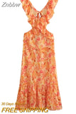 Znbbw TRAF Summer Elegant Dress Casual Strap Ruffles Tassel Printing Slim LongSling Backless Dress For Women