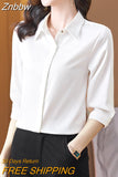 Znbbw Korean Fashion Women's Blouses Office Lady Simple Purple Wine White Satin Shirts Comfortable 3/4 Sleeve Silk Tops Women