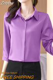 Znbbw Korean Fashion Women's Blouses Office Lady Simple Purple Wine White Satin Shirts Comfortable 3/4 Sleeve Silk Tops Women