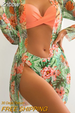 Znbbw Women Gauze Floral Printed Bikini Swimwear Set Full Sleeve Cover Up Three Pieces Sets 2023 Fashion Summer Beach Bathing Suit