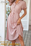 Znbbw Dot Dress Women 2023 New Summer Casual V-Neck Button Short Sleeve Midi Dresses Female Holiday Boho Beach Dresses Vestidos