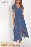 Znbbw Women Elegant Floral Print Dress Summer Casual V-neck Short Sleeve Waist Lace Up Long Dresses Female Holiday Split Maxi Dress