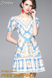 Znbbw Women Sweet Flower Casual Dress 2023 Summer Runway O-Neck Puff Sleeve Floral Print Ruffles Short Vestido Robe N5105