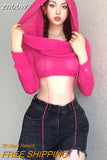 znbbw Spring Sexy Solid Pullover Hoodies Club Outfit For Women 2023 Long Sleeve Hooded Crop Top Female Black Knit Hoodies