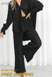 znbbw Women Pleated 2 Piece Sets Long Sleeve Blouse Tops And Split Wide Leg Pant Suit Female Fashion Casual Loose Homewear Outfit