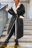 Znbbw Elegant PU Faux Leather Jackets Women Thick Warm Lapel Outwear Female Loose Long Sleeeve Coat 2023 New Year Winter Tops