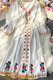 Znbbw Winter Women Dress Vacation Beach Sunscreen Long Dress Bohemian Ethnic Retro Embroidered Dress with Flared Sleeves D1821