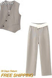 Znbbw TRAF 2023 Woman 2 Piece Set Fashion Shirt Suit Silk Asymmetric Design Tank Top+Contrast Straight Leg Casual Pants Set
