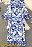 Znbbw Runway Blue And White Porcelain Loose Long Dress Women O-Neck Flare Sleeve Floral Print Bohemian Side Split Maxi Vestidos