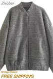 Znbbw TRAF 2023 Women Oversized Bomber Jackets Coat Pockets Vintage Stand Neck Long Sleeves Female Chic Outwears