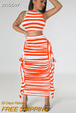 znbbw Summer Balck White Stripe 2 Two Piece Outfit Set For Women 2023 Bodycon Maxi Skirts Sets Casual Vacation Long Skirts