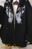 Znbbw Butterfly Print Hoodies Women Winter Casual Oversize Zip Up Sweatshirt Female Grunge Punk Long Sleeve Jackets Streetwear