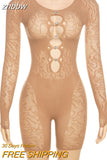 znbbw Summer Solid Hollow Out One Pieces Rompers Club For Women 2023 Long Sleeve See Through Slim Playsuits Elastic Activewear