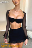 Znbbw Mesh Sexy Dress Set Women Strapless Full Sleeve Crop Top And Mini Skirt Matching Sets Female Club Party Two Piece Set