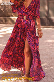 Znbbw Retro Floral Print Long Dress 2023 Summer Half Sleeve Cross V-neck Beach Dress Women Fashion Casual Loose High Slit Dresses