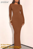 znbbw Autumn Solid Ribbed Bodycon Maxi Dresses Club Outfit For Women 2023 Long Sleeve O Neck Party Long Dress Female Dress