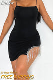 Znbbw Sexy Spaghetti Strap Party Mini Dress for Women 2023 Summer Backless Glitter Diamond Tassel Bodycon Dresses Clubwear